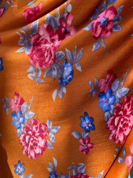 Rust Pink Blue Large Rose Floral Print Retro Stretch Velvet Polyester/Spandex "Tia's Couch"