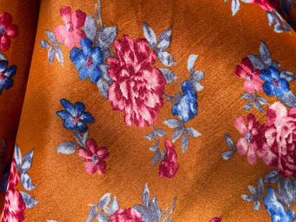 Rust Pink Blue Large Rose Floral Print Retro Stretch Velvet Polyester/Spandex "Tia's Couch"