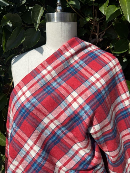 Red Blue White Plaid Cotton Flannel Woven "Rustic Ribbons"