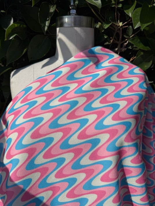Blue Pink White Wave Stripe Polyester Terry Cloth Knit "Cotton Candy Ripple"