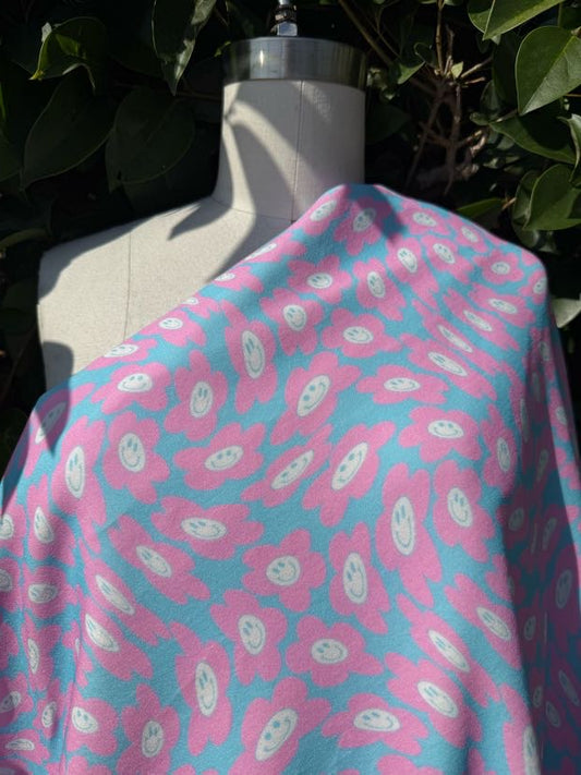 Pink Blue Smiley Face Daisy Polyester Spandex Mini Velour "Happy Daisy"