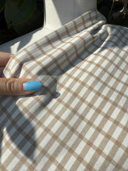 Cream Tan Crossstripe Plaid Rayon Polyester Gabardine Woven "Toasty"