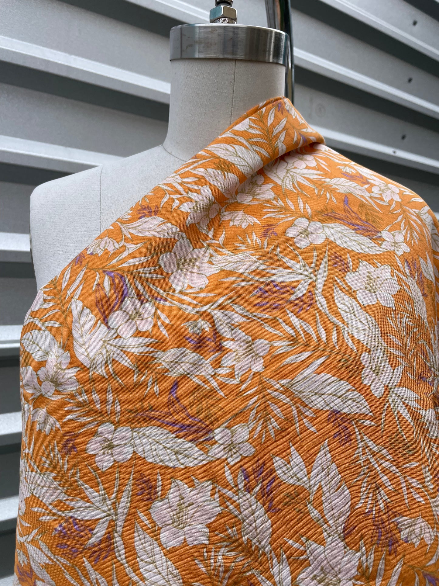 Tangerine Orange White Floral Resort Soft Rayon Crepe " Sunset Beach"