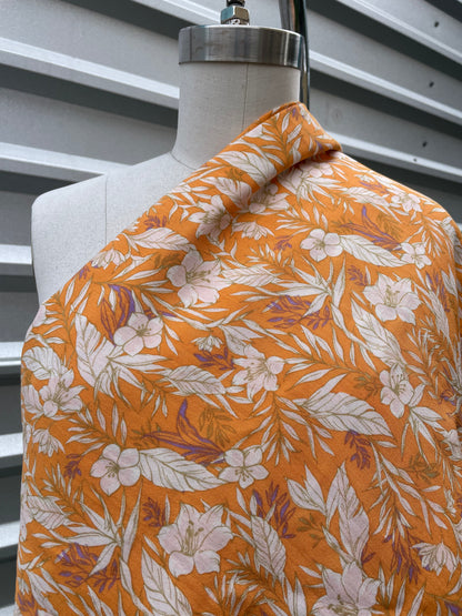 Tangerine Orange White Floral Resort Soft Rayon Crepe " Sunset Beach"