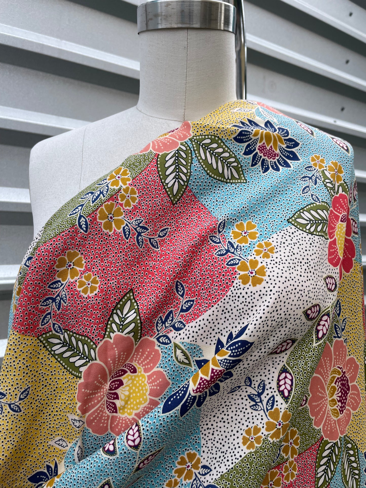 Olive Yellow Pink Blue Boho Floral Paisley  Print Soft Rayon Crepe "Summer in Austin"