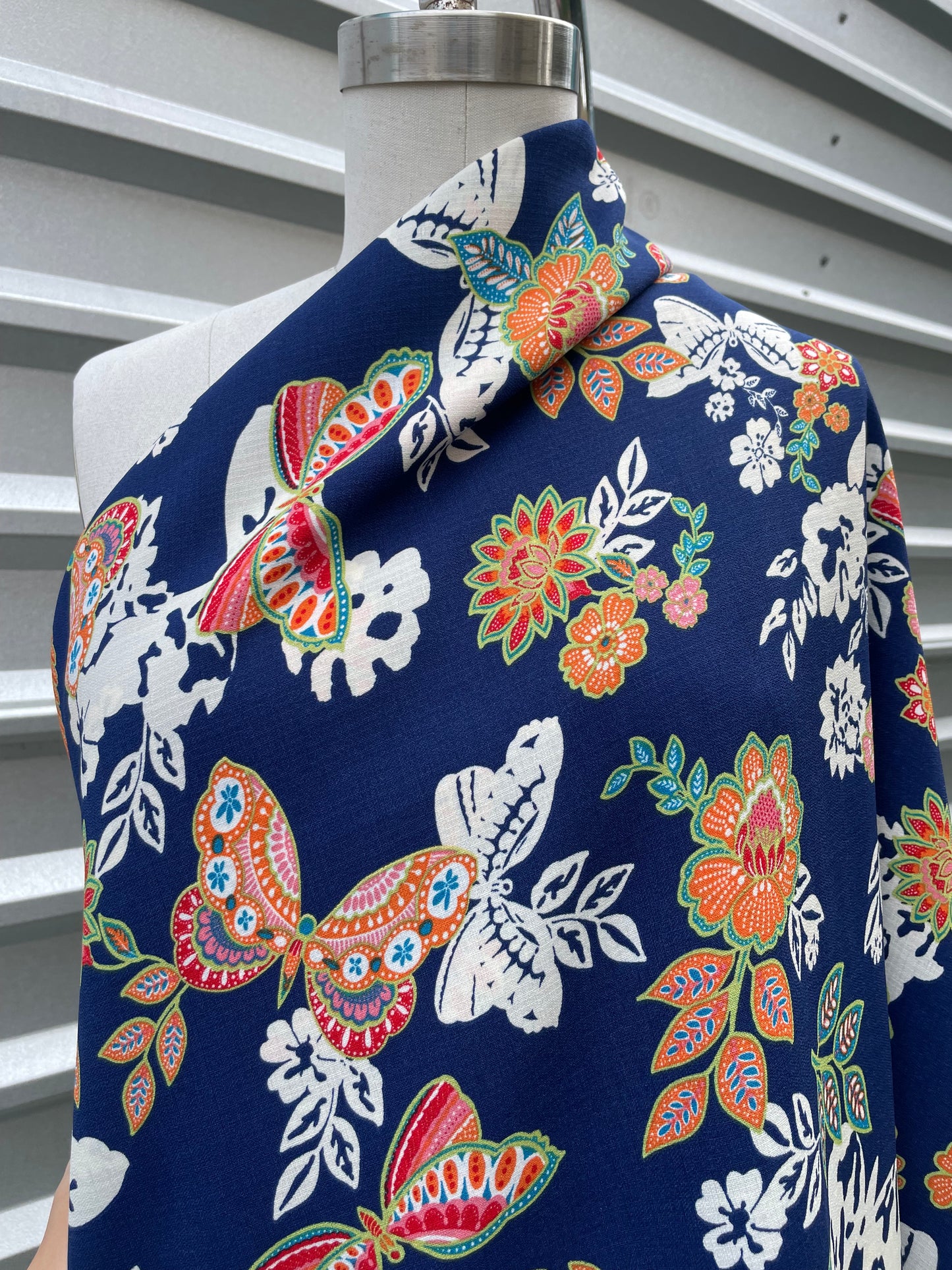 Blue Orange Yellow Lime Butterfly Floral Print Polyester Crepe "Summer of 69' "