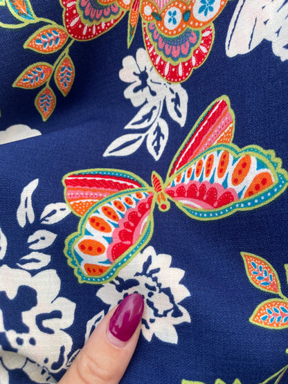 Blue Orange Yellow Lime Butterfly Floral Print Polyester Crepe "Summer of 69' "