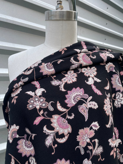 Black Purple Yellow Boho Paisley  Print Soft Rayon Crepe "Midnight Wonder"