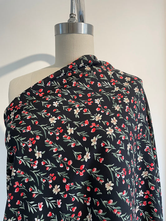 Black Red Ditsy Floral Polyester Wool Dobby "Red Lips and Doc's"