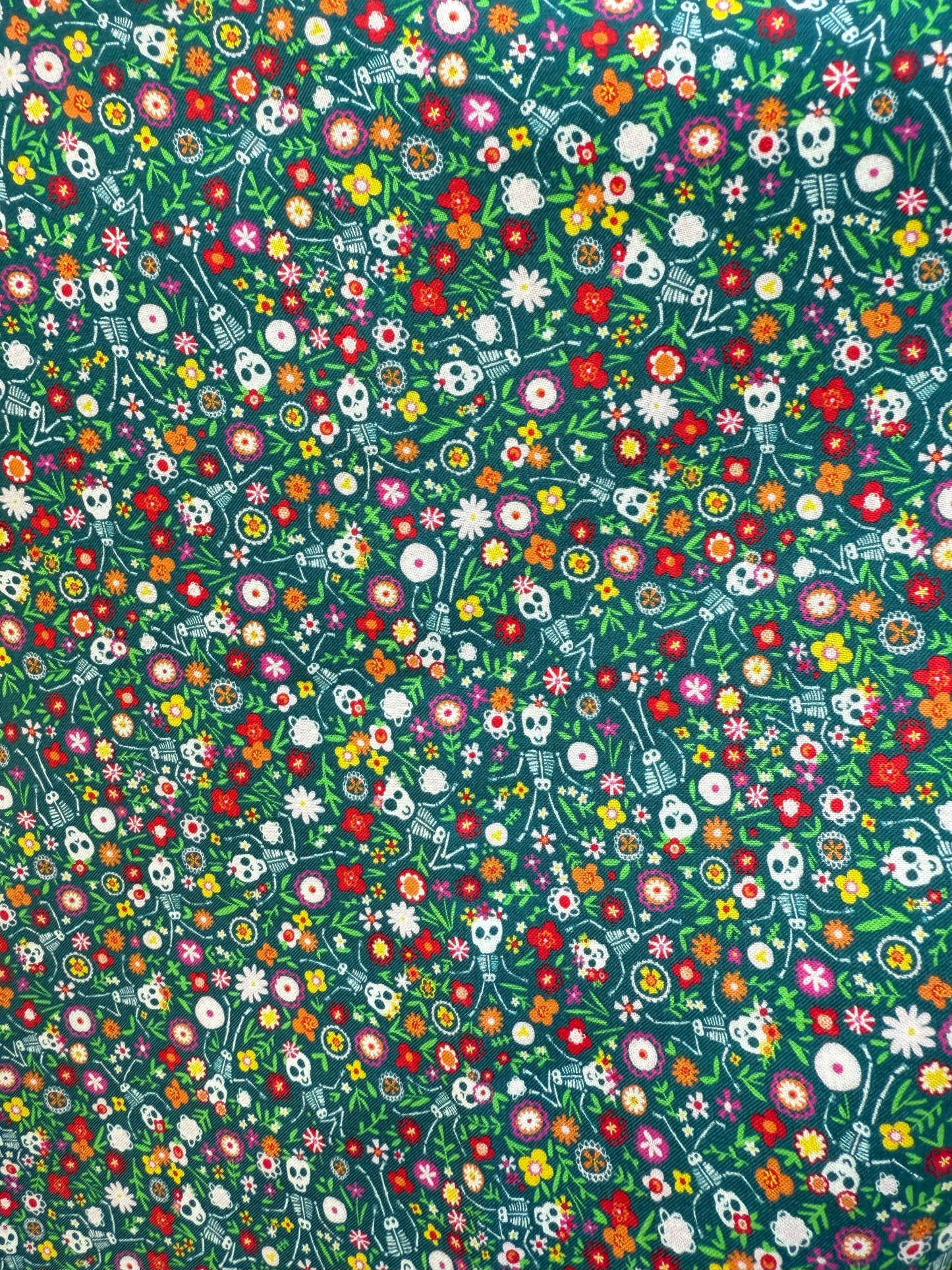 Blue Green Red Orange Yellow Purple Pink White Floral Cutesy Skeletons Cotton Woven "Bailando con Flores"