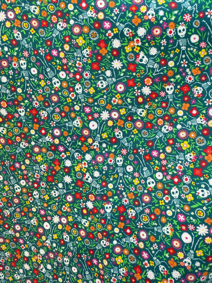 Blue Green Red Orange Yellow Purple Pink White Floral Cutesy Skeletons Cotton Woven "Bailando con Flores"