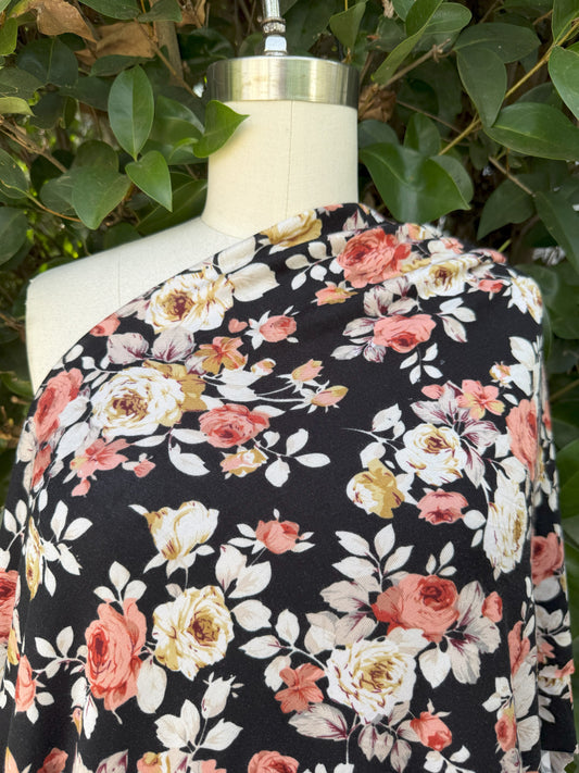 White Pink Black Tan Floral Print Rayon Spandex Jersey Knit "Rose Impressions"