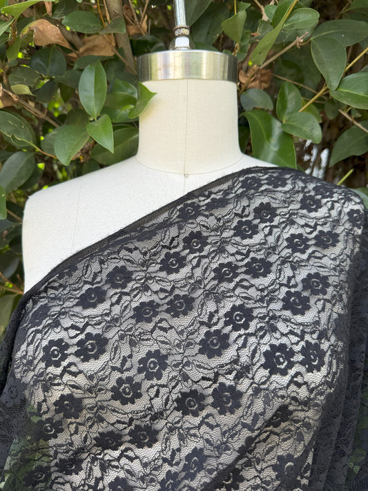 Black Floral Lace Petite  Stretchy Polyester Spandex Knit "Blackout Petals"