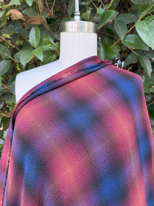 Pink Yellow Blue Black Purple Orange  Faded Plaid Textured Rayon Crepe Woven "Bleary Sunset"