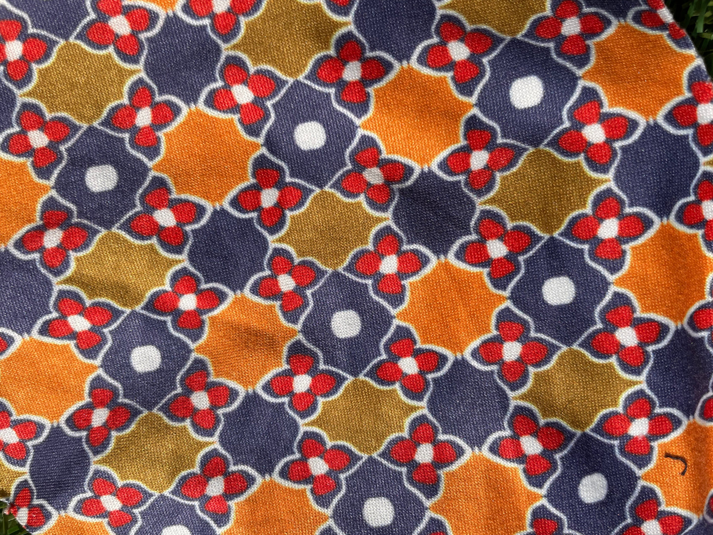 Olive Orange Red Blue Daisy Grid Retro Print Polyester Spandex DTY Jersey "Summer Skate Sesh"