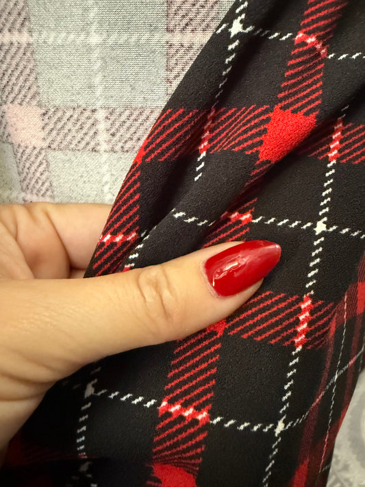 Black White Red Plaid Polyester Spandex Crepe Knit "Night Cap"