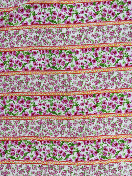 Orange Pink Green Yellow Floral Stripe Rayon Challis Woven "Petunia Spring"