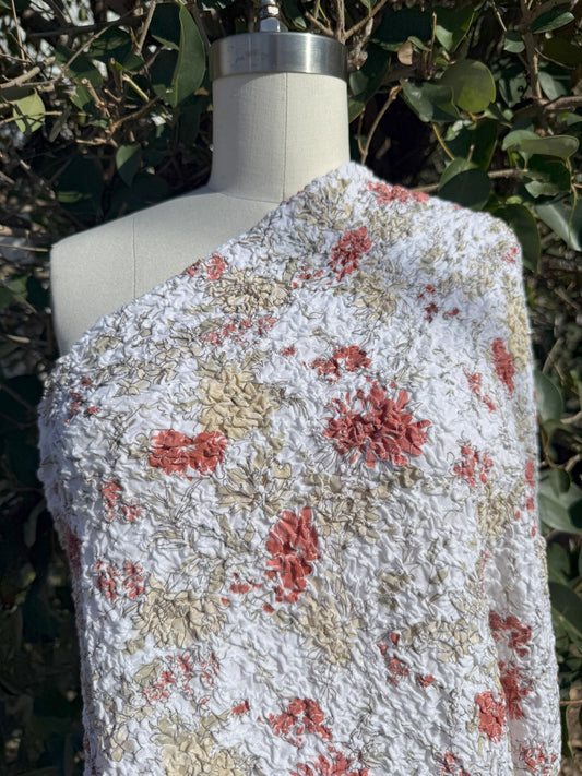 Floral Smocked Textured Yellow Beige Red Black Rust Vintage Cotton Jersey Knit "Crinkle & Bloom"