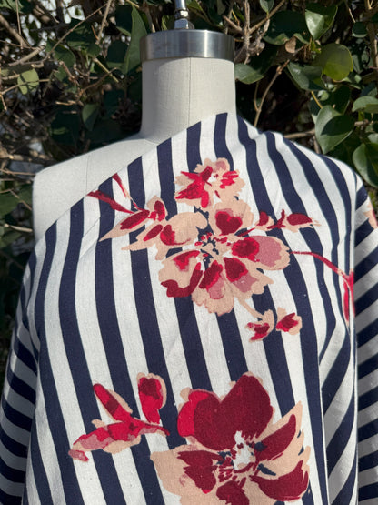 Navy White Stripe Pink Tropical Floral Print Cotton Linen Fabric "Hampton Day Trip"