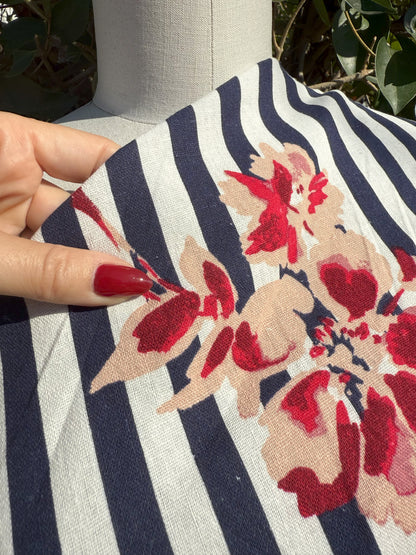 Navy White Stripe Pink Tropical Floral Print Cotton Linen Fabric "Hampton Day Trip"