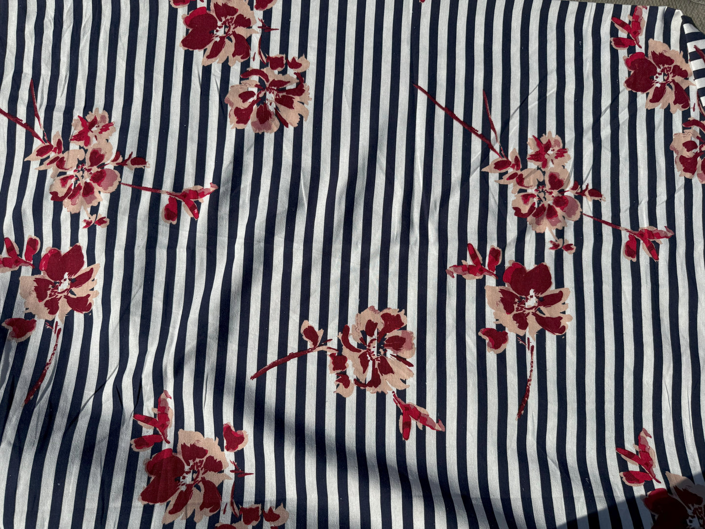 Navy White Stripe Pink Tropical Floral Print Cotton Linen Fabric "Hampton Day Trip"