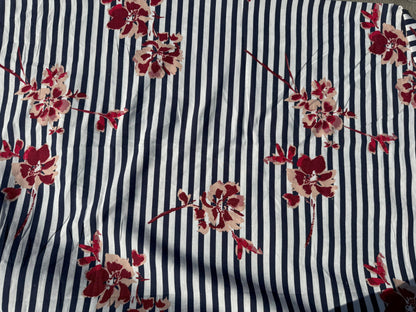 Navy White Stripe Pink Tropical Floral Print Cotton Linen Fabric "Hampton Day Trip"