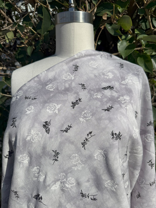 Grey White Black Floral Tie-dye Rayon Challis Woven "Nightbloom Spell"