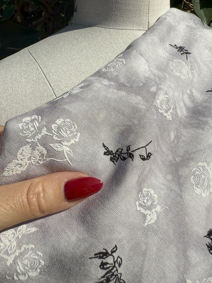 Grey White Black Floral Tie-dye Rayon Challis Woven "Nightbloom Spell"