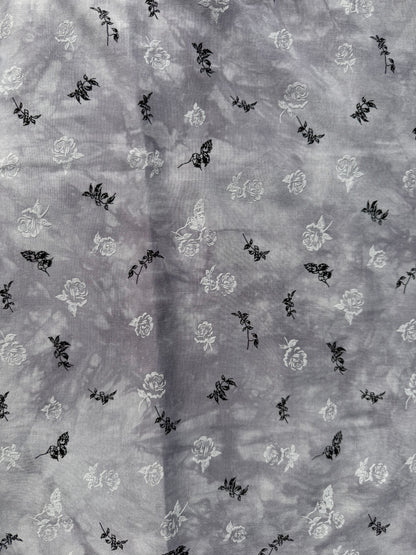 Grey White Black Floral Tie-dye Rayon Challis Woven "Nightbloom Spell"