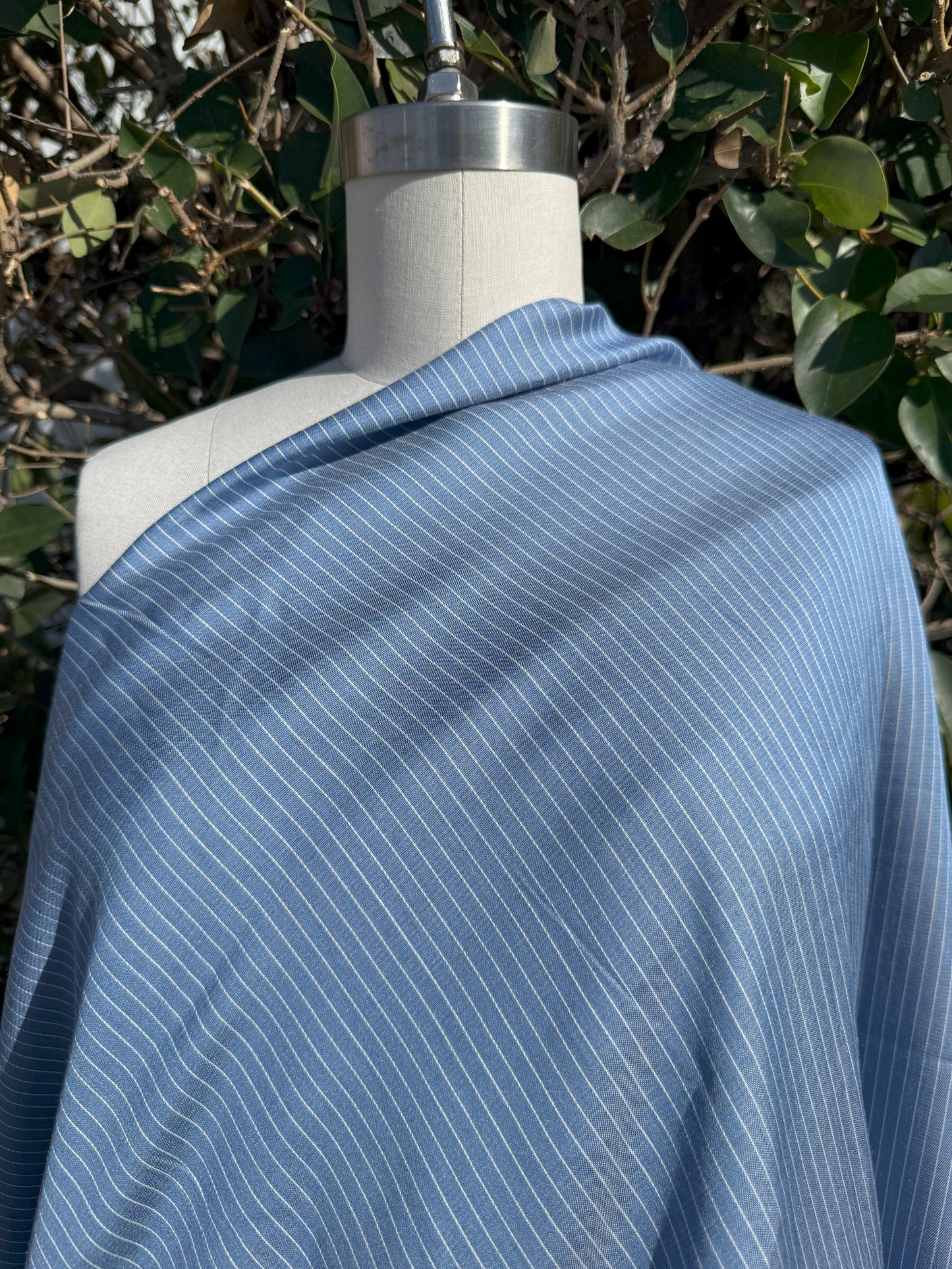 Blue White Stripe Pinstripe Rayon Challis Woven "Summer Porch Stripe"