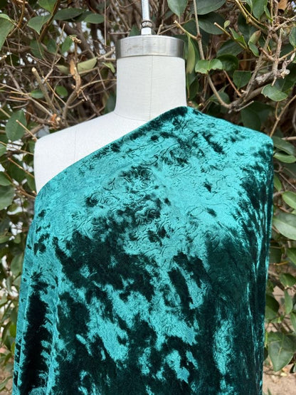 Dark Green Scrollwork Impressed Polyester Spandex Stretch Velvet Knit "Evergreen Scroll"