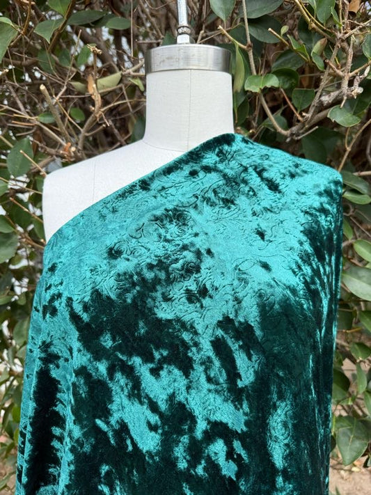 Dark Green Scrollwork Impressed Polyester Spandex Stretch Velvet Knit "Evergreen Scroll"