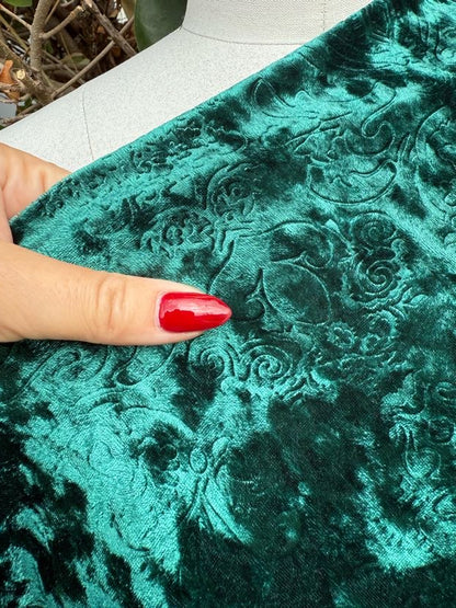 Dark Green Scrollwork Impressed Polyester Spandex Stretch Velvet Knit "Evergreen Scroll"
