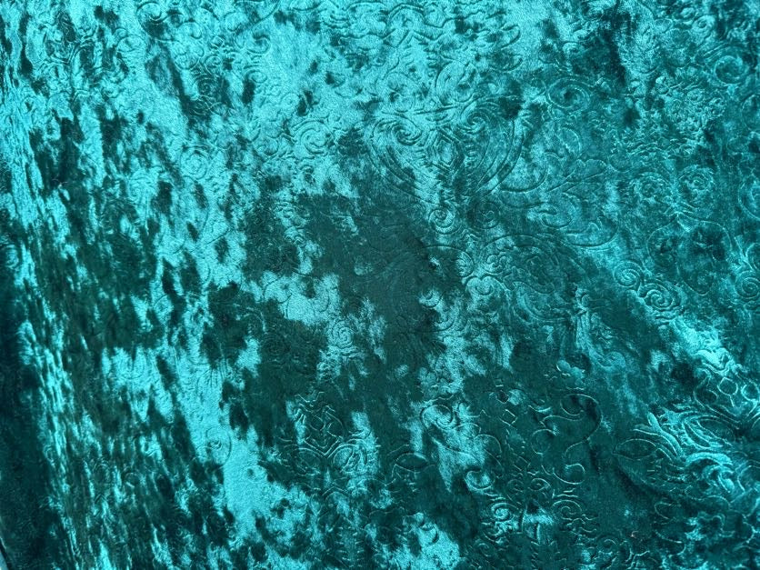 Dark Green Scrollwork Impressed Polyester Spandex Stretch Velvet Knit "Evergreen Scroll"