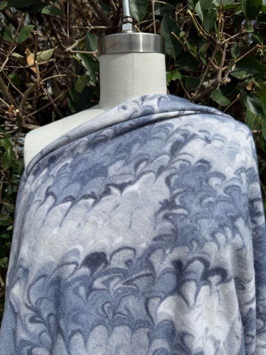 Blue White Marbled Brush French Terry Fleece Rayon Spandex Knit "Cozy Marble"