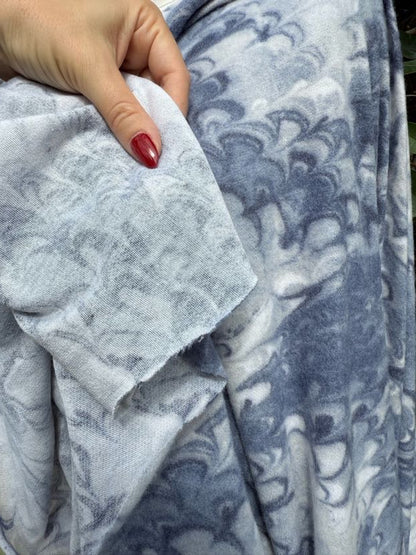 Blue White Marbled Brush French Terry Fleece Rayon Spandex Knit "Cozy Marble"
