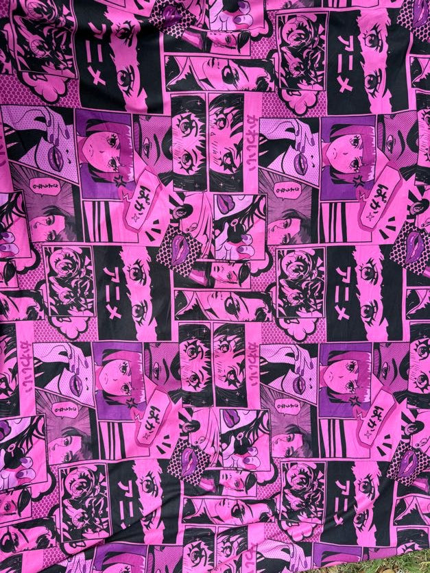 Pink Black Anime Panels Eyes Lips Dots Polyester Spandex Jersey "Anime Eyes"