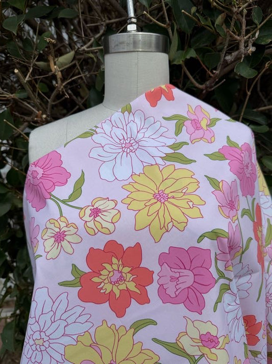 Pink Yellow White Orange Green large Floral Print Vintage Cotton Spandex Poplin Woven "Blooming floral"
