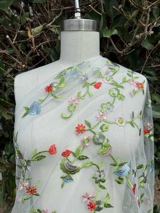 Blue Red Pink Green Floral Overlay Embroidered Lace Mesh "Blooming Vine"