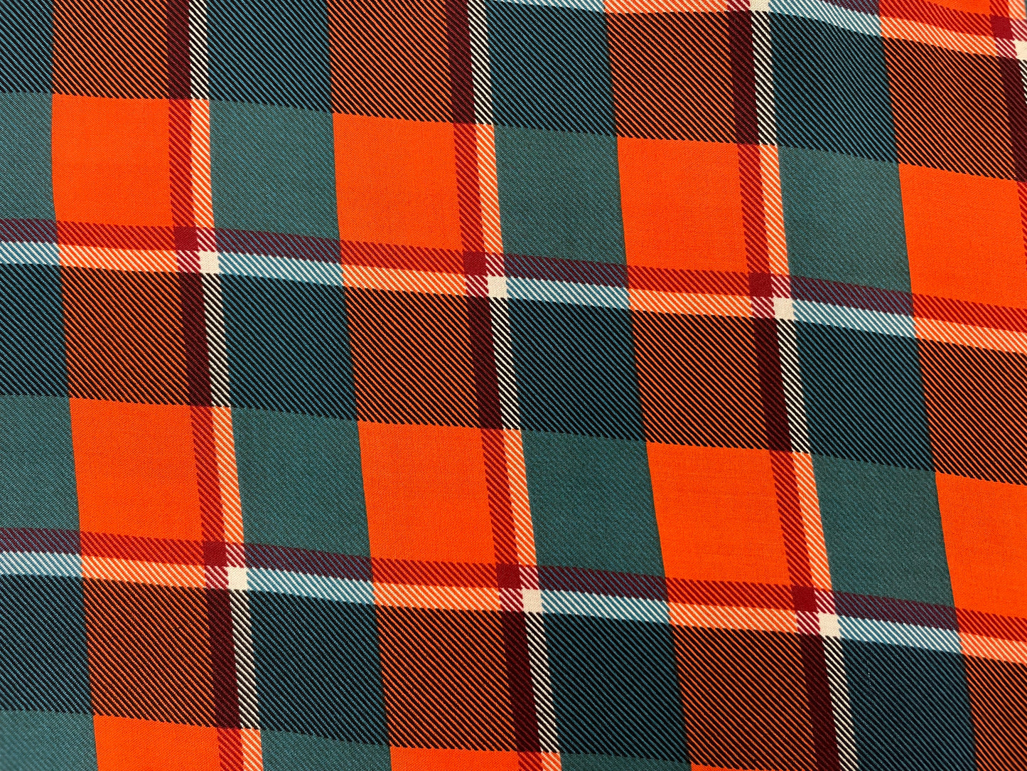 Orange Teal  Plaid Rayon Challis Woven “Heather in the Meadow"