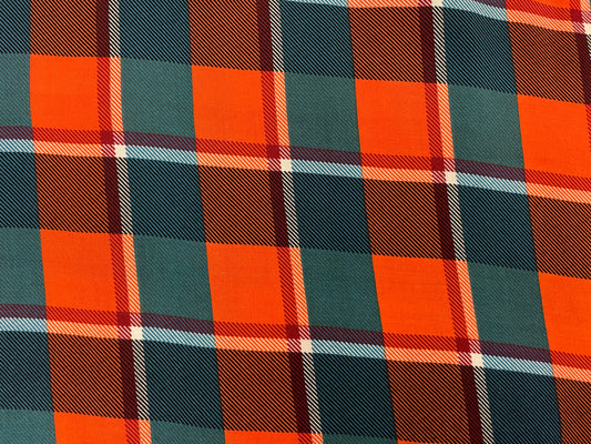 Orange Teal  Plaid Rayon Challis Woven “Heather in the Meadow"