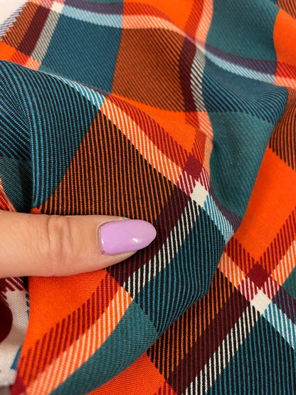 Orange Teal  Plaid Rayon Challis Woven “Heather in the Meadow"