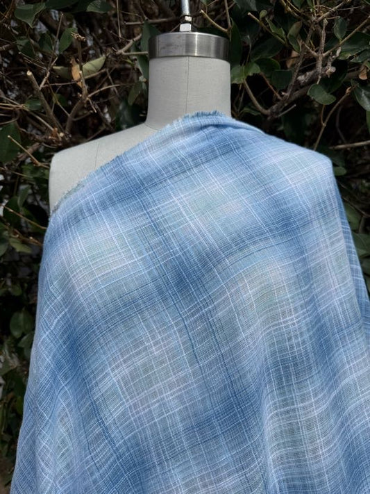 Blue White Threadbare Plaid Cotton Gauze "Frosted Panes"