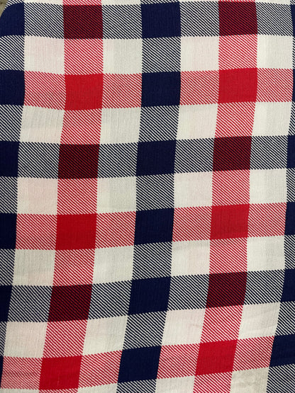 Navy Blue Red White Plaid Soft Rayon Crepe "Rodeo Picnic"