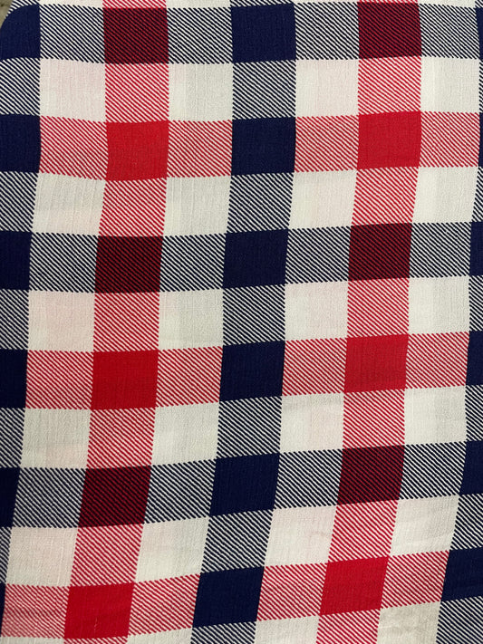 Navy Blue Red White Plaid Soft Rayon Crepe "Rodeo Picnic"