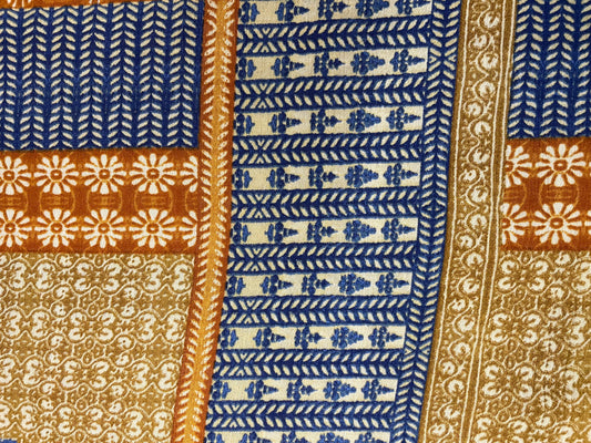 Blue Rust Yellow Gold Block Print Style Soft Rayon Crepe " Block Summer"