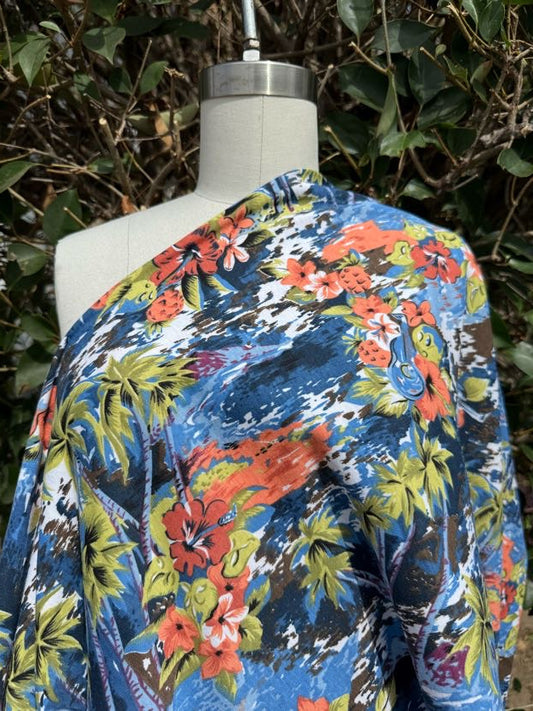Orange Blue White Green Black Brown Floral Resort Palm Tree Vintage Cotton Jersey Knit "Blue Tide Tropic"