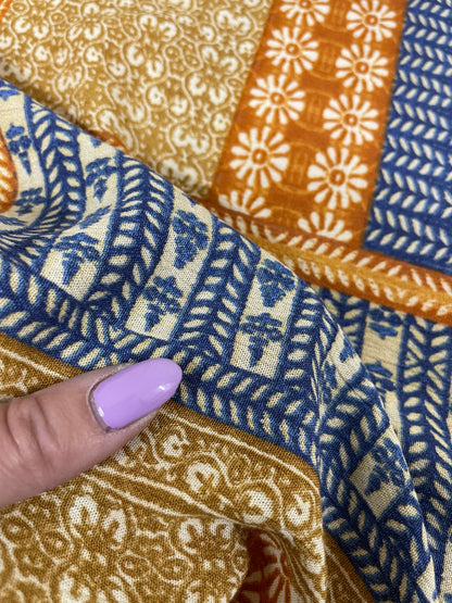 Blue Rust Yellow Gold Block Print Style Soft Rayon Crepe " Block Summer"