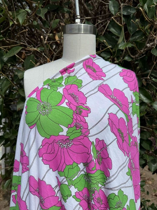 Green Purple White Black Large floral Cotton Jersey "Retro Alice Garden"