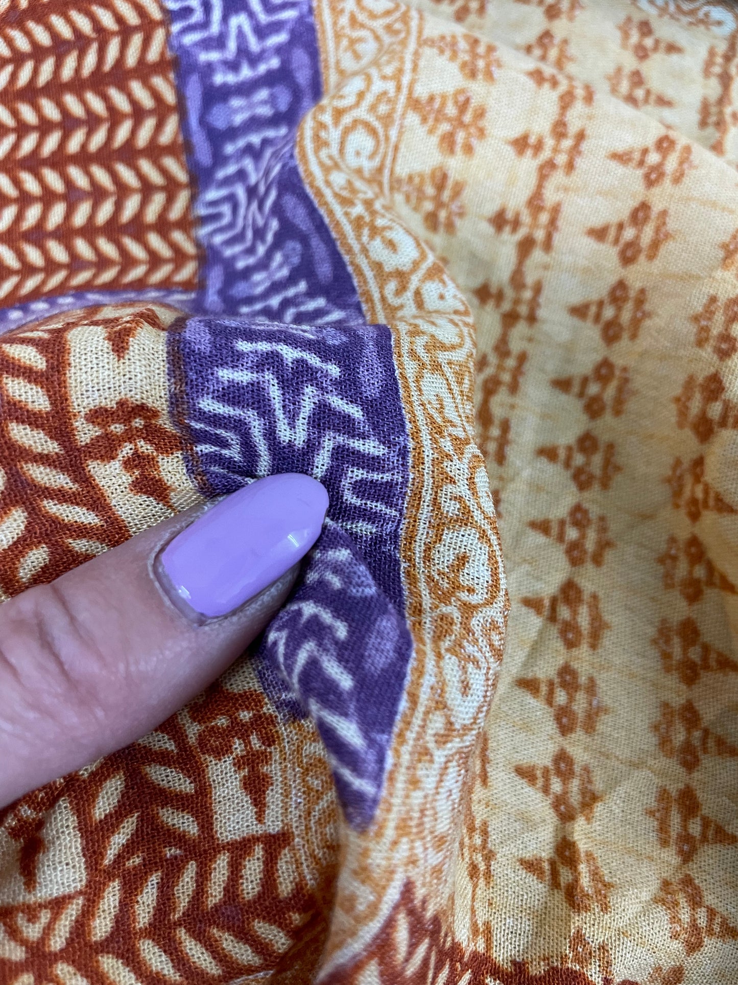 Purple Rust Yellow Gold Block Print Style Soft Rayon Crepe "Royal Block"